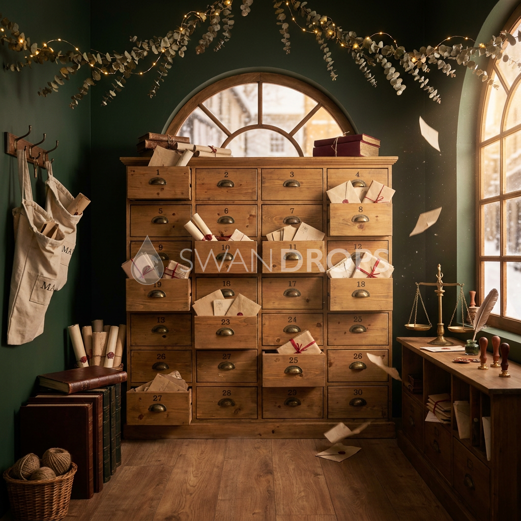 Fond photo Promesse écrite de la collection Noël 2026 Maison du père noël V2 - pin vieilli, laiton, vert sapin - séance nouveau-né enfant Noël