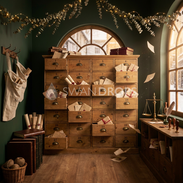 Fond photo Promesse écrite de la collection Noël 2026 Maison du père noël V2 - pin vieilli, laiton, vert sapin - séance nouveau-né enfant Noël