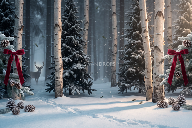 Fond photo Trace des sabots de la collection Noël 2026 extérieur - forêt mixte, neige, ombres bleutées - séance famille Noël forêt
