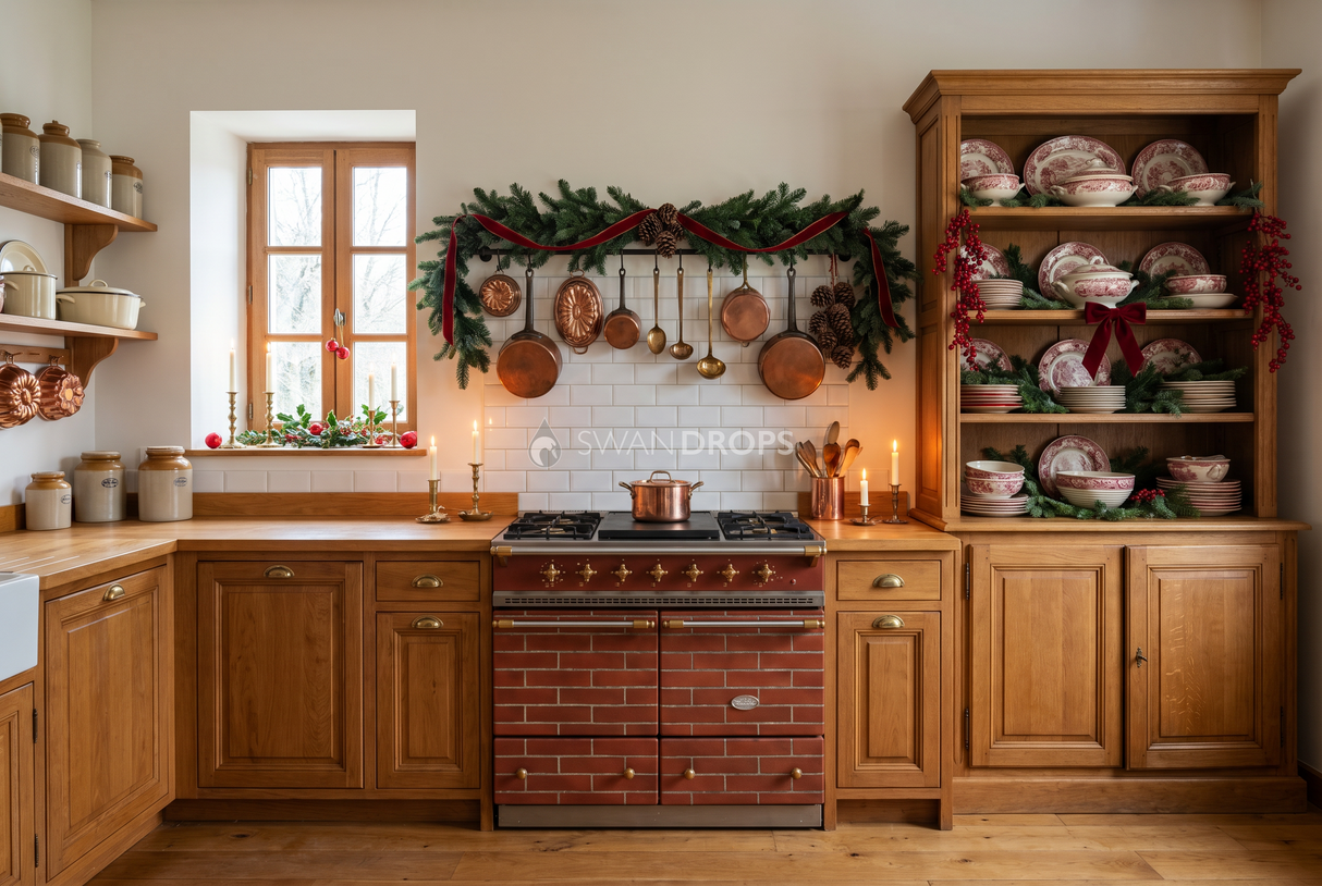 Fond photo Cantique de cuivre de la collection Noel cuisine 2026 - rouge brique, chêne moyen, cuivre - séance famille Noël