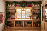 Fond photo Aube des Confitures de la collection Noël intérieur traditionnel - chêne clair, rouge, vert sapin - séance maternité Noël