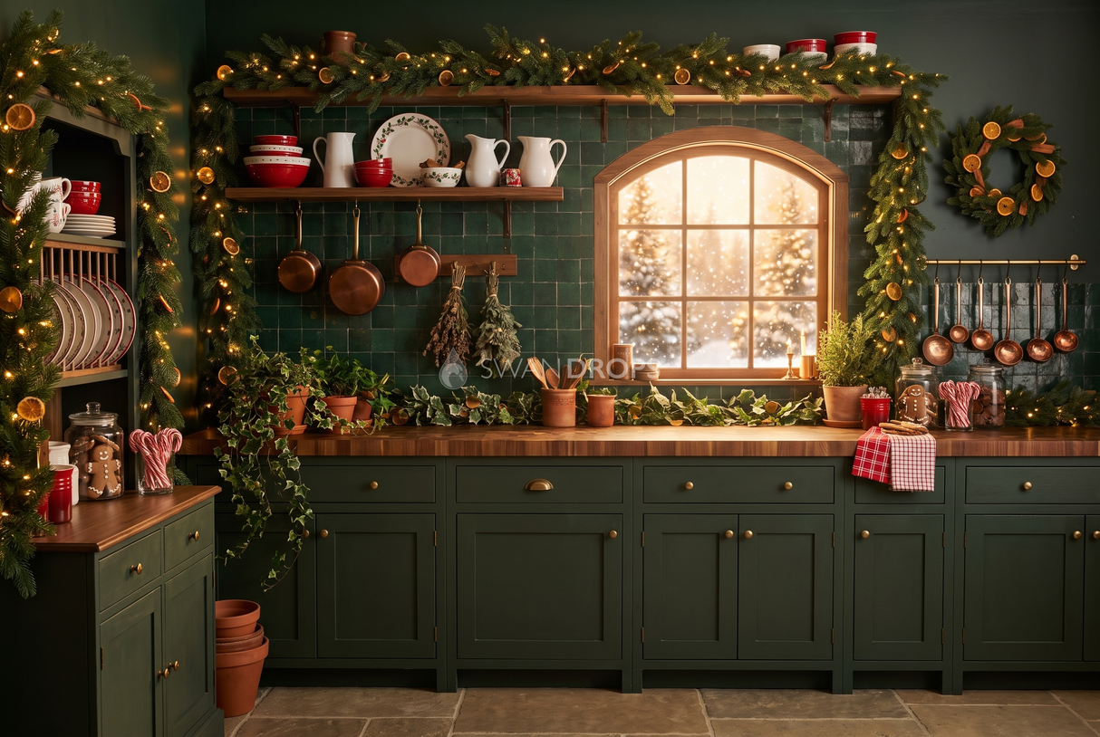 Fond photo Carreaux et lierre de la collection Noël intérieur traditionnel - zellige vert, laiton, cuivre - séance famille lifestyle Noël