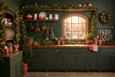 Fond photo Carreaux et lierre de la collection Noël intérieur traditionnel - zellige vert, laiton, cuivre - séance famille lifestyle Noël