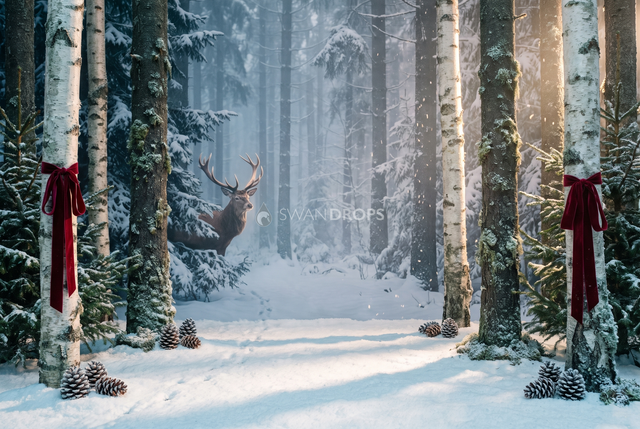 Fond photo Murmure de cerf de la collection Noël 2026 extérieur - sous-bois, bouleaux, ombres bleutées - séance famille narrative Noël