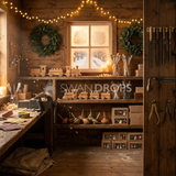 Fond photo Forge de l'hiver de la collection Noël 2026 Maison du père noël V2 - chêne mielé, vert profond, cuivre terni - séance enfant narrative