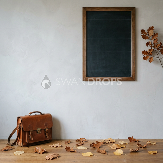 Fond photo Automne cartable feuilles dispersées de la collection Rentrée scolaire 2026 - gris perle, cognac, feuilles mortes - portrait enfant rentrée