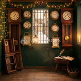 Fond photo Cadran oublié de la collection Noël 2026 Maison du père noël V2 - vert sapin, laiton oxydé - séance nouveau-né Noël feutré
