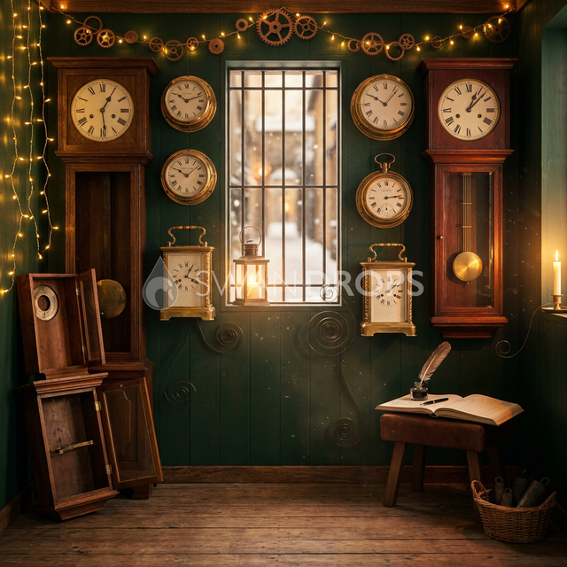 Fond photo Cadran oublié de la collection Noël 2026 Maison du père noël V2 - vert sapin, laiton oxydé - séance nouveau-né Noël feutré