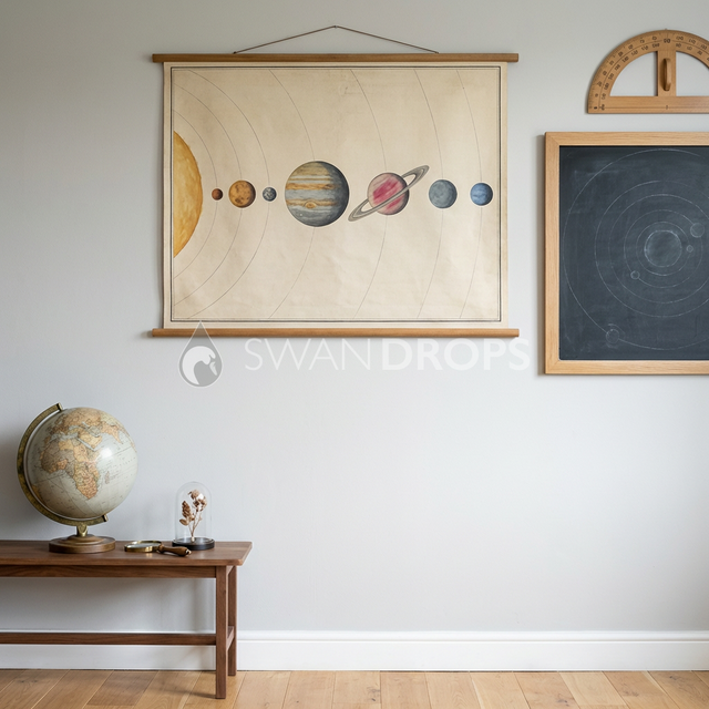Fond photo Système solaire globe carton de la collection Rentrée scolaire 2026 - gris perle, ocres passés - portrait enfant thème astronomie