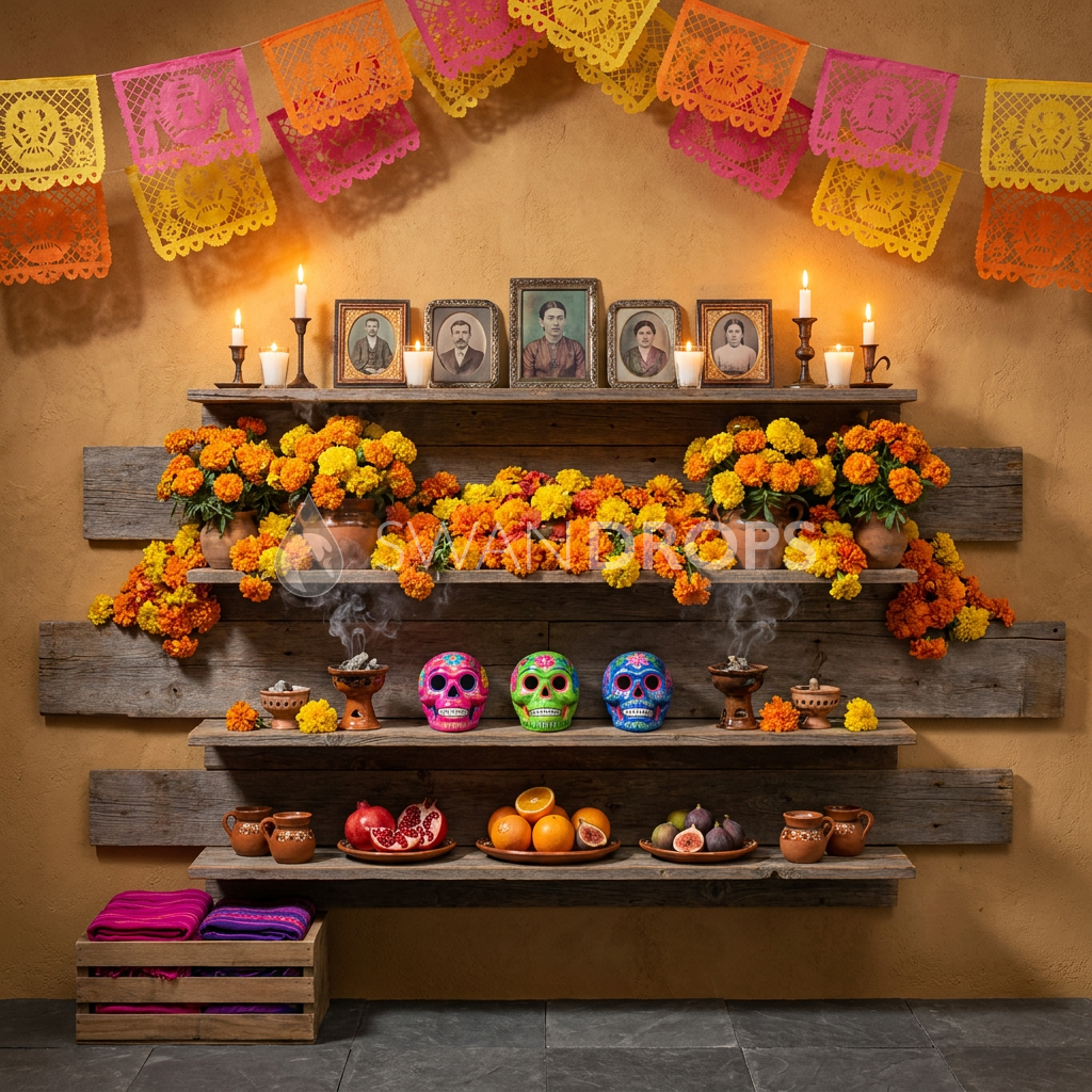 Fond photo Souffle du copal de la collection Halloween Mexique - orangé, cobalt, papel picado - séance famille Halloween lifestyle