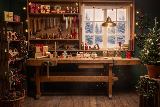 Fond photo Établi des merveilles de la collection Noël intérieur traditionnel - bois massif, laiton, lumière dorée - séance nouveau-né atelier festif
