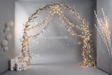 Fond photo Fil de givre de la collection Arches Noël 2026 - gris perle, eucalyptus argenté, guirlandes LED - séance grossesse Noël festive