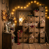 Fond photo Secret des tiroirs de la collection Noël 2026 Maison du père noël V2 - bois ambré, bordeaux, laiton - séance enfant interactive Noël