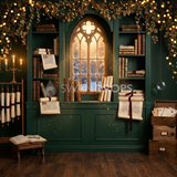Fond photo Ombre des enluminures de la collection Noël 2026 Maison du père noël V2 - vert sapin, or brûlé - séance enfant portrait lecture