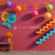 Fond photo Escalier du recuerdo de la collection Halloween Mexique - rose magenta, lampions multicolores - portrait famille Halloween Coco