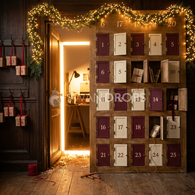 Fond photo Promesse quotidienne de la collection Noël 2026 Maison du père noël V2 - bordeaux, bois ambré, or ancien - séance grossesse Noël feutrée