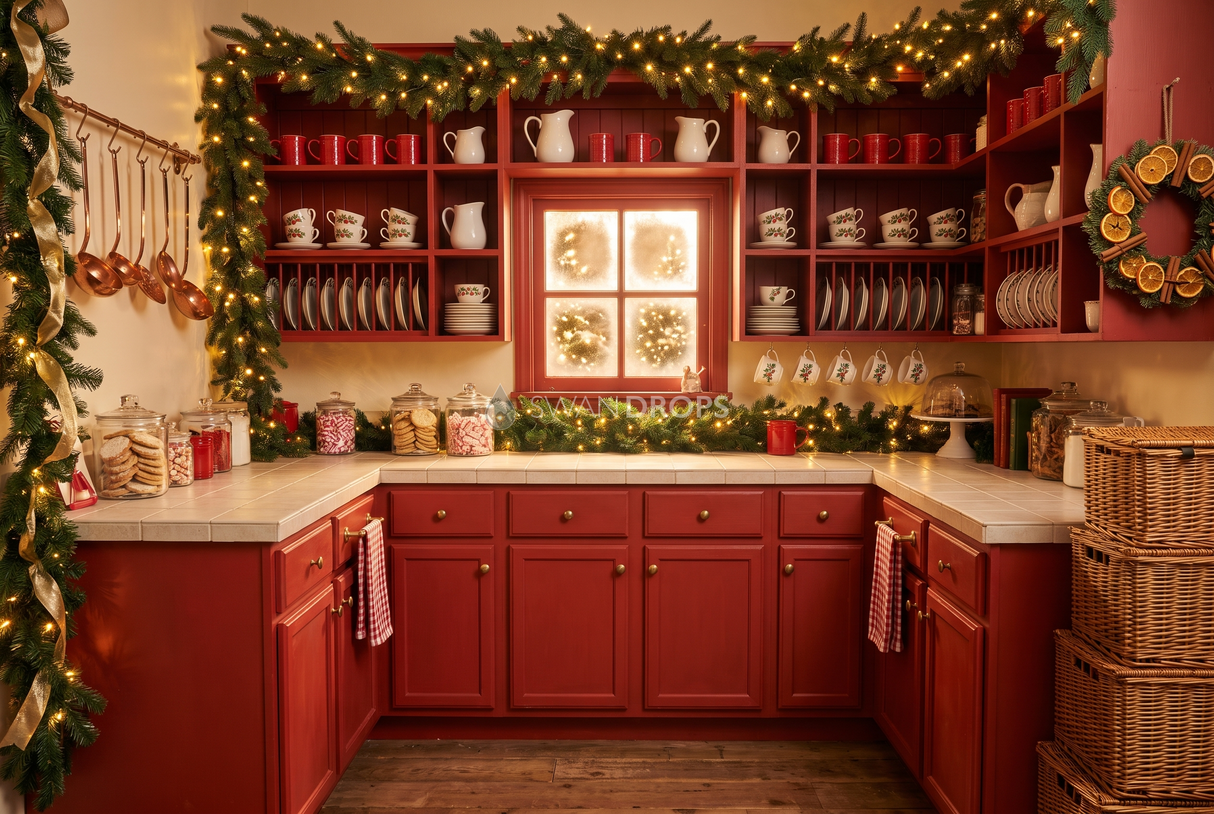 Fond photo Tasse et lueur de la collection Noël intérieur traditionnel - rouge carmin, crème, fenêtre givrée - séance nouveau-né intime