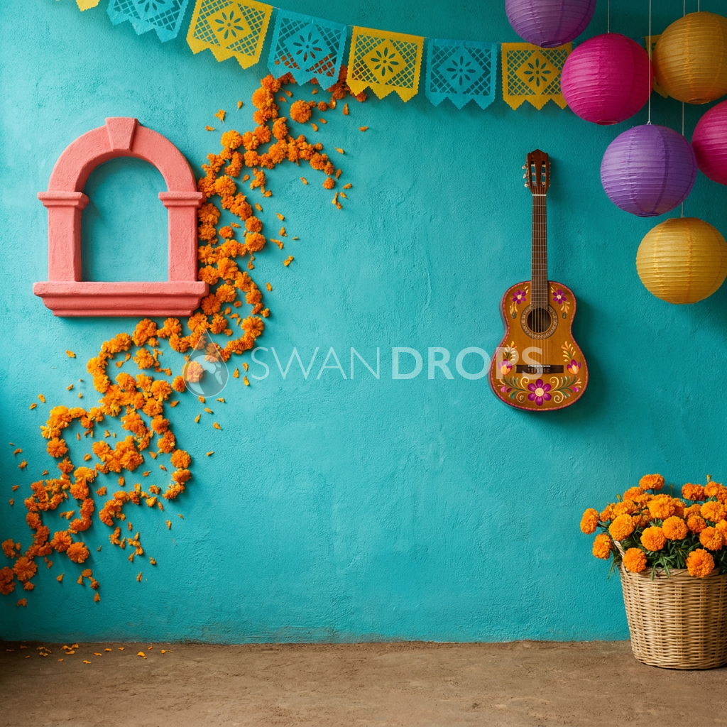 Fond photo Arche des petalos de la collection Halloween Mexique - turquoise, corail, orange - portrait enfant fantaisie Coco