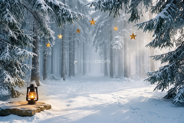Fond photo Éclat nordique de la collection Noël 2026 extérieur - clairière ouverte, constellation dorée, brume profonde - séance famille lifestyle