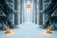 Fond photo Aube de sapin de la collection Noël 2026 extérieur - clairière symétrique, brume lumineuse, lanternes dorées - séance grossesse tenue longue