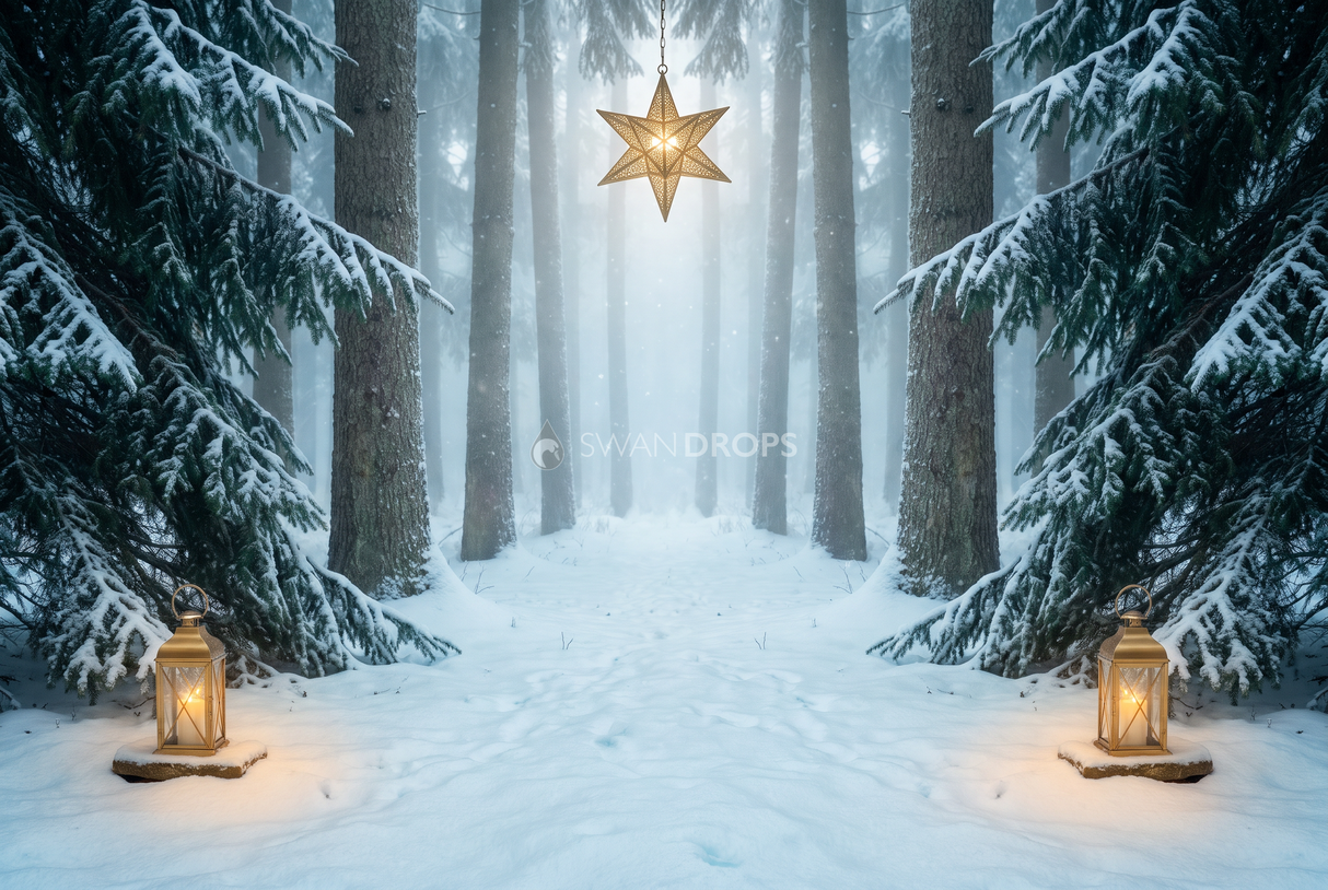 Fond photo Aube de sapin de la collection Noël 2026 extérieur - clairière symétrique, brume lumineuse, lanternes dorées - séance grossesse tenue longue