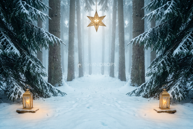 Fond photo Aube de sapin de la collection Noël 2026 extérieur - clairière symétrique, brume lumineuse, lanternes dorées - séance grossesse tenue longue
