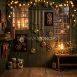 Fond photo Balancier de cuivre de la collection Noël 2026 Maison du père noël V2 - laiton patiné, bois ambré - séance bébé Noël atelier