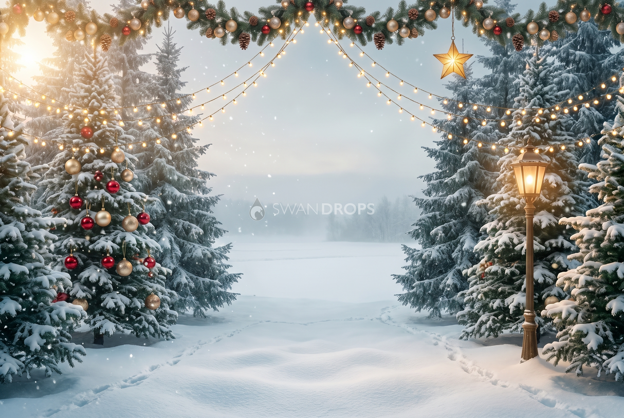 Fond photo Lueur de lisière de la collection Noël 2026 extérieur - guirlandes dorées, neige bleutée - séance famille lifestyle Noël