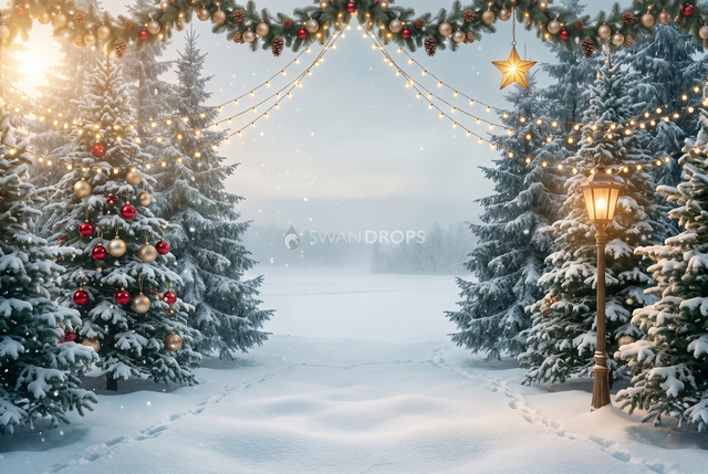 Fond photo Lueur de lisière de la collection Noël 2026 extérieur - guirlandes dorées, neige bleutée - séance famille lifestyle Noël