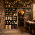 Fond photo Théâtre des copeaux de la collection Noël 2026 Maison du père noël V2 - bordeaux mat, vert sapin, laiton patiné - portrait enfant narratif