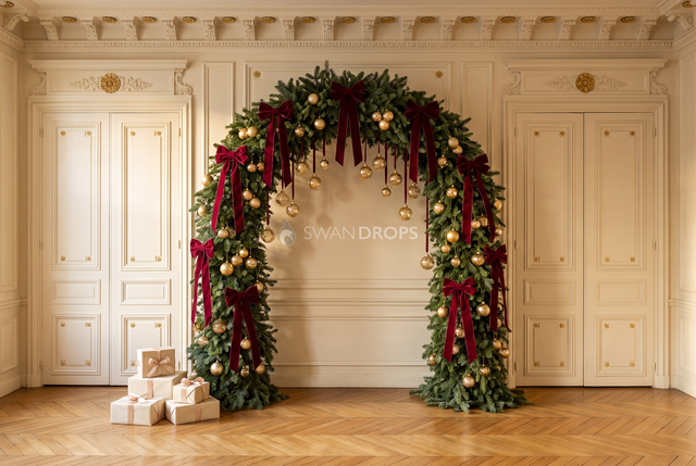 Fond photo Velours et moulures de la collection Arches Noël 2026 - boiseries ivoire, velours bordeaux - portrait famille Noël haut de gamme