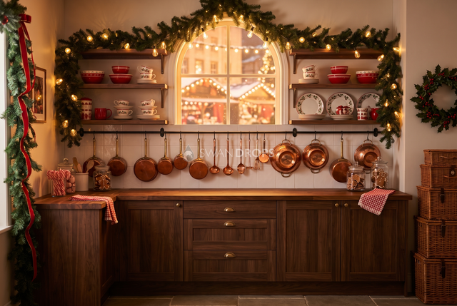 Fond photo Forge de décembre de la collection Noël intérieur traditionnel - cuivre, noyer foncé, marché illuminé - séance grossesse lifestyle