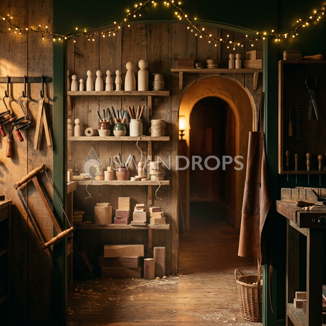 Fond photo Reflet de vernis de la collection Noël 2026 Maison du père noël V2 - bois ambré, bordeaux mat, vert sapin - portrait enfant narratif