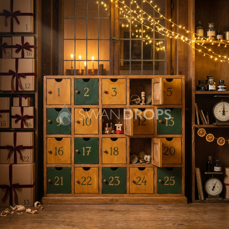 Fond photo Vigile des petites portes de la collection Noël 2026 Maison du père noël V2 - bois ambré, vert sapin, bordeaux - séance enfant interactive Noël