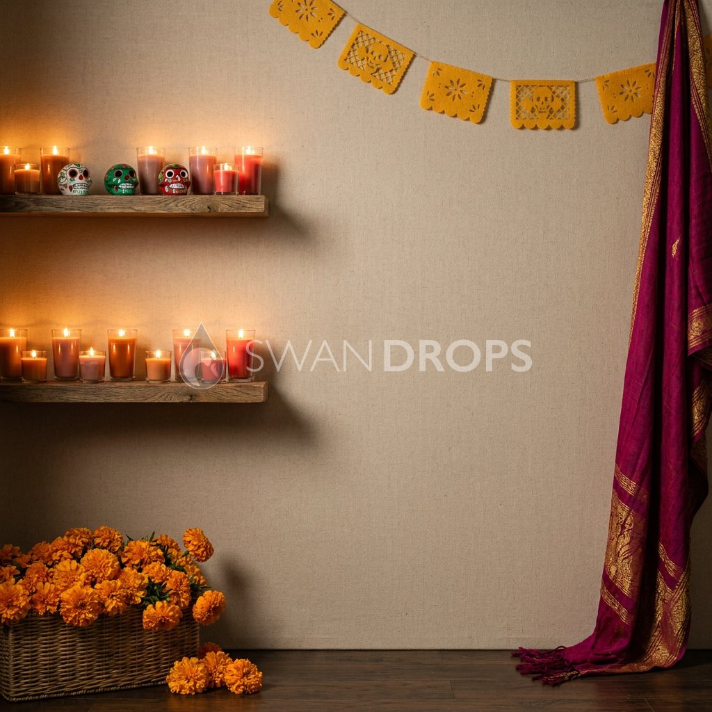 Fond photo Mystère des veladores de la collection Halloween Mexique - lin écru, bougies orange et rose - séance Halloween nouveau-né