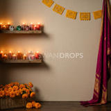 Fond photo Mystère des veladores de la collection Halloween Mexique - lin écru, bougies orange et rose - séance Halloween nouveau-né